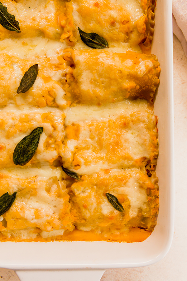 A baking dish filled with butternut squash lasagna. 
