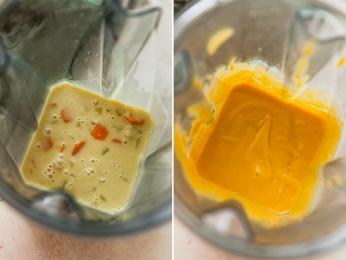 The dairy free cheese sauce ingredients in the blender before and after blending