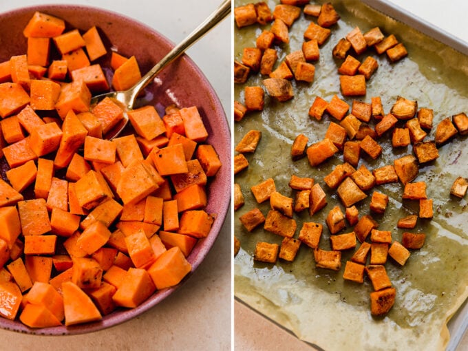 Chopped sweet potatoes before and after roasting.