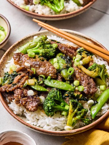 Honey garlic beef stir fry served over rice.