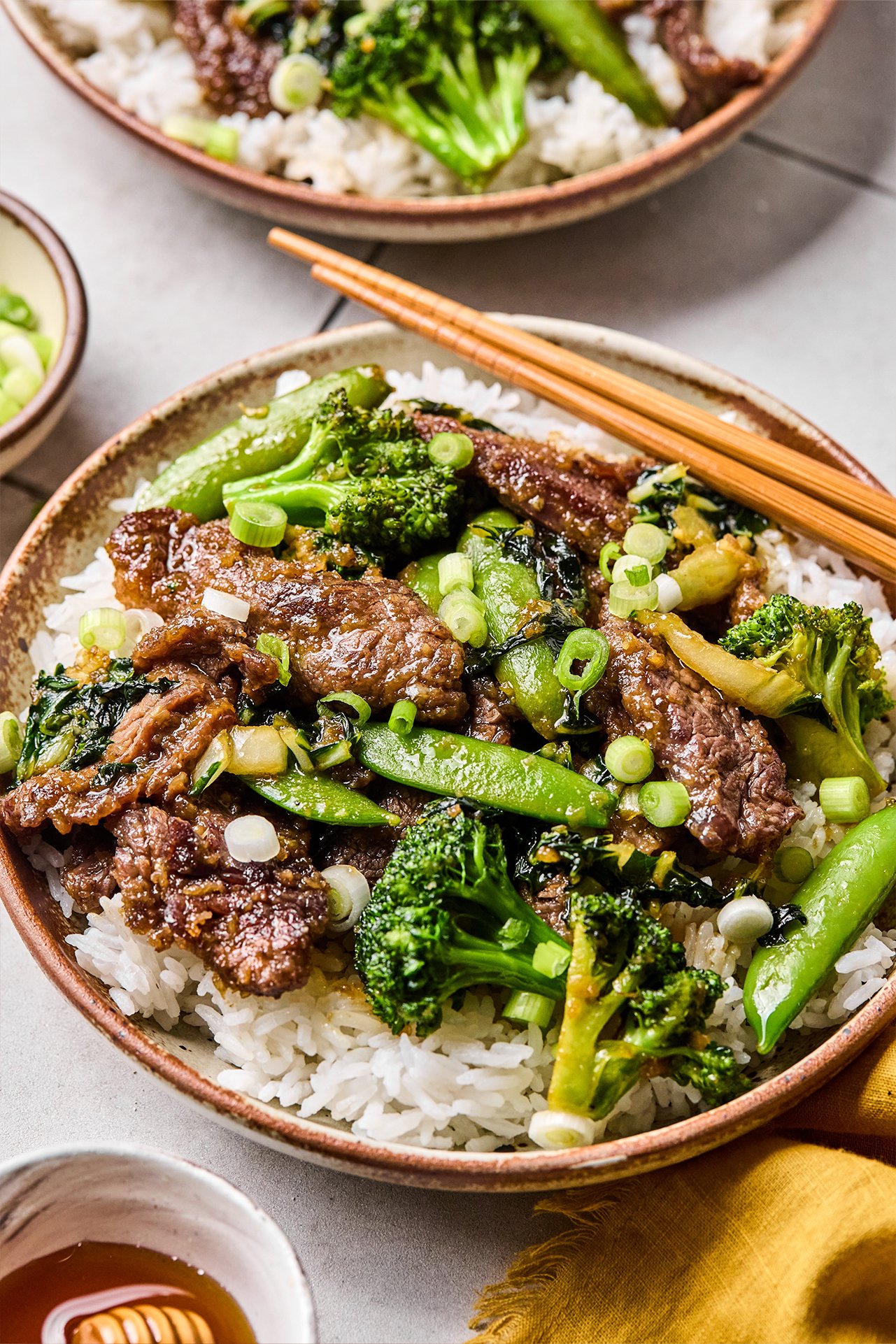 Honey garlic beef stir fry served over rice.