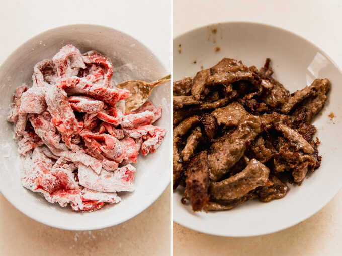 The beef before and after cooking