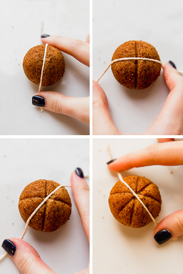 The pumpkin buckeyes with a string to form indents to look like a pumpkin.