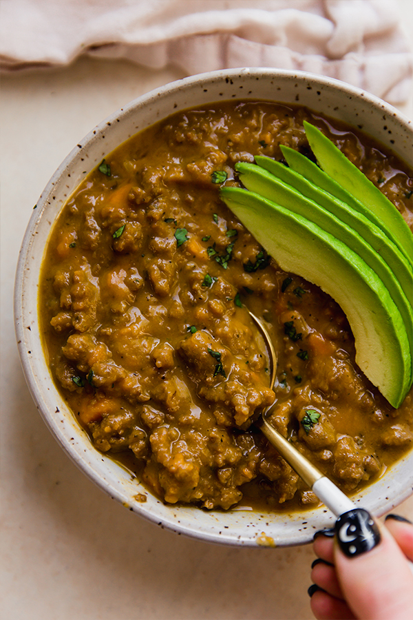 A bowl of dairy-free queso chili