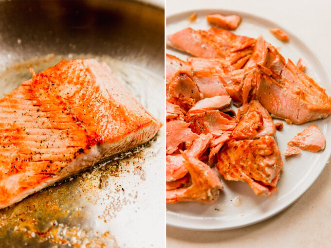 The salmon before and after cooking to make lemon salmon pasta.