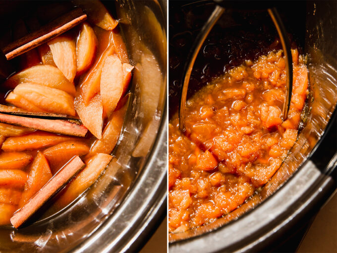 The making of the applesauce in the slow cooker.