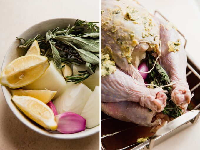 side by side photo of turkey stuffed and stuffing ingredients