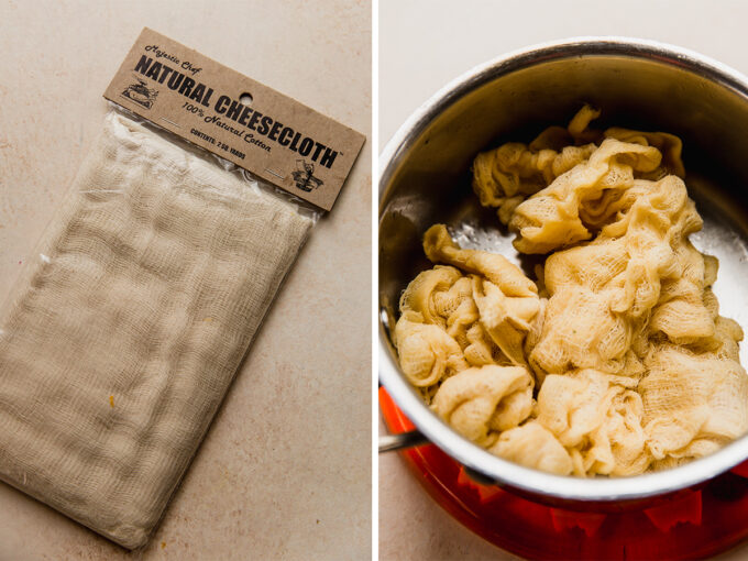 side by side photo of cheesecloth in package and cheesecloth soaked in ghee.