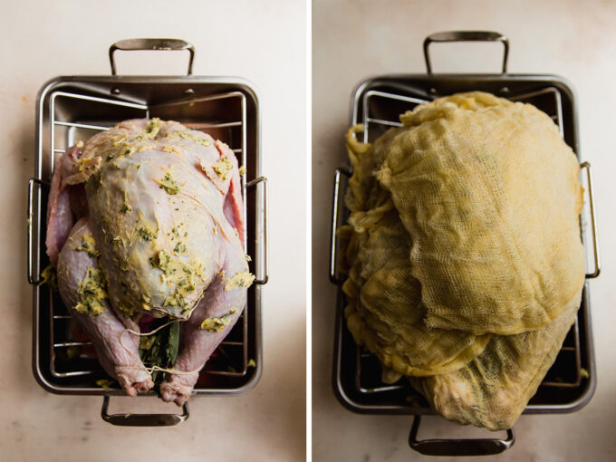 side by side photo of turkey on a roasting rack with and without a cheesecloth.