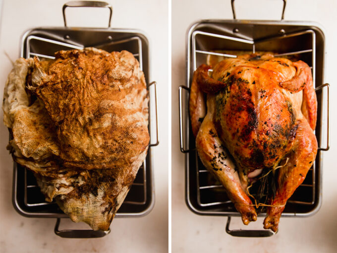 side by side photo of fully cooked turkey on a roasting rack with and without a cheesecloth.