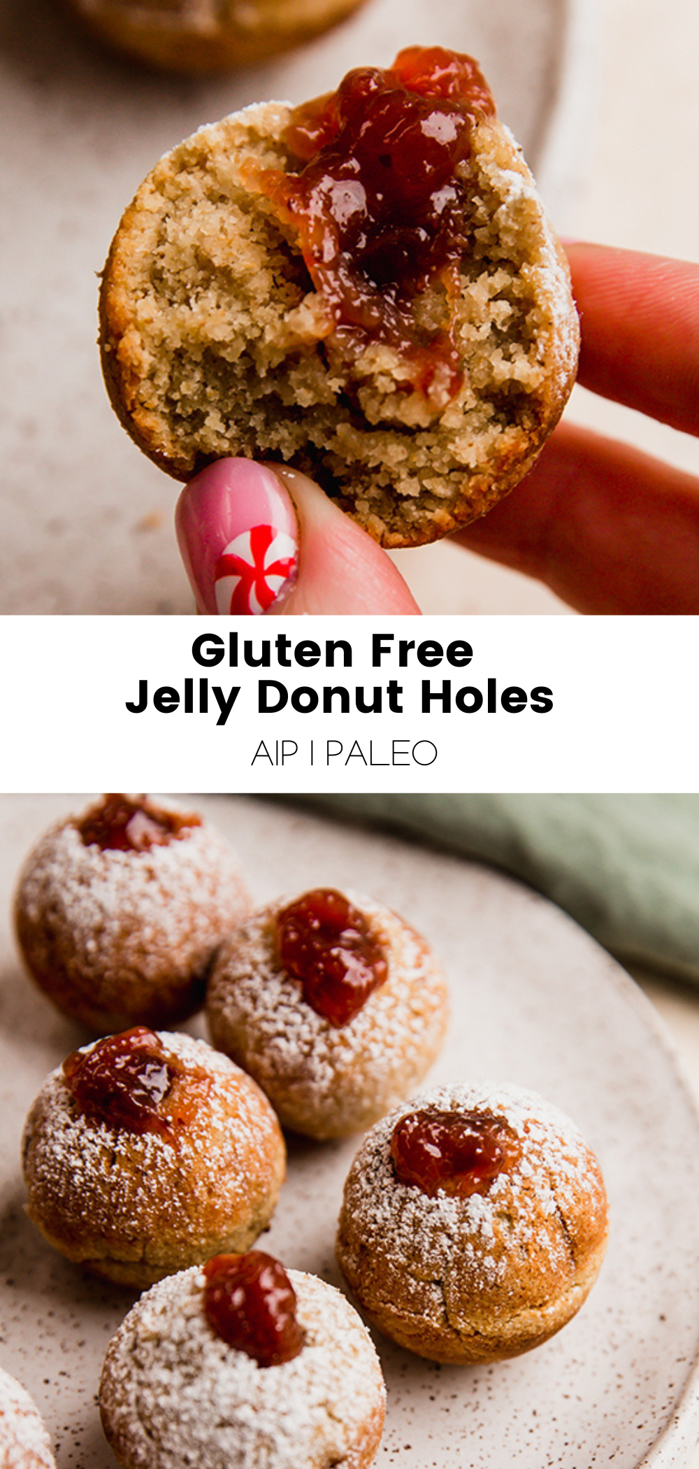 Collage with text "Gluten Free Jelly Donut Holes AIP | Paleo." highlighting the key dietary benefits of the recipe.