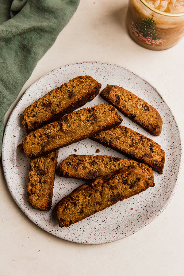 A plate filled with chocolate chip biscotti.
