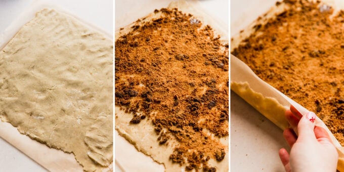 The steps of rolling the cinnamon roll dough.
