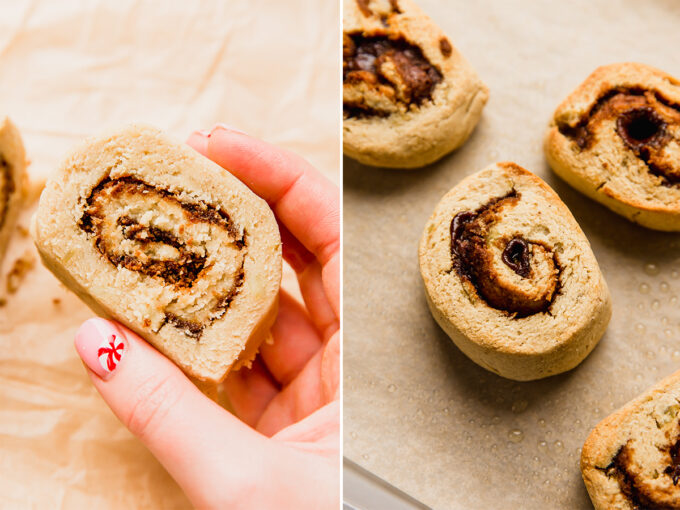 The gingerbread cinnamon rolls before and after baking.