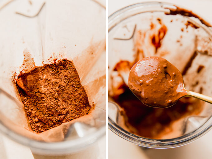 The ingredients for the chocolate fruit dip before and after blending.
