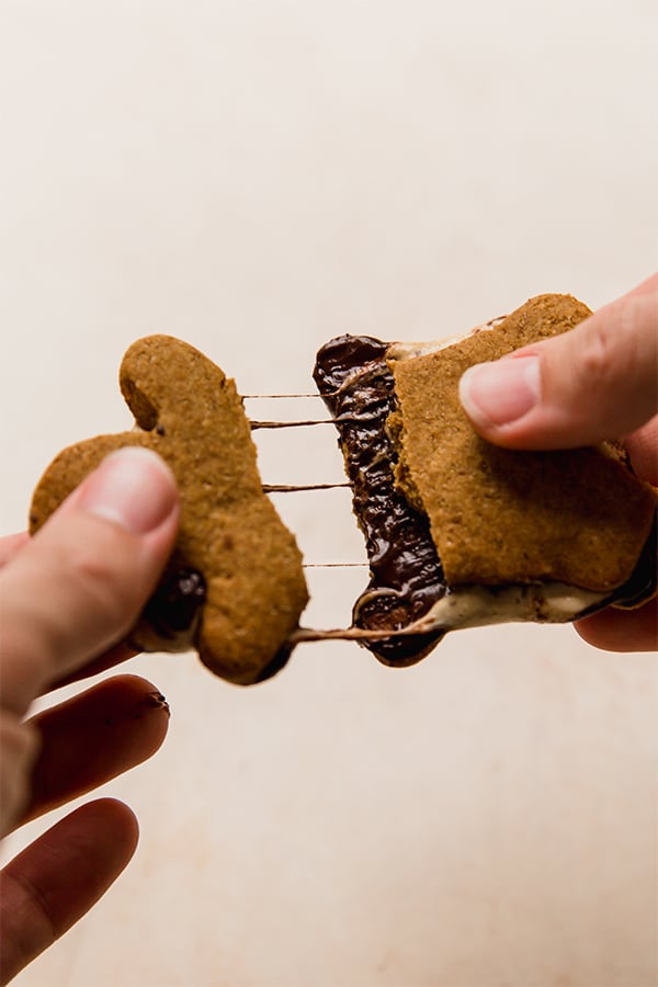 A gingerbread s'mores cookie broken in half between two hands.