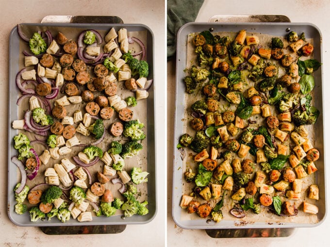 The gnocchi & sausage sheet pan before and after baking