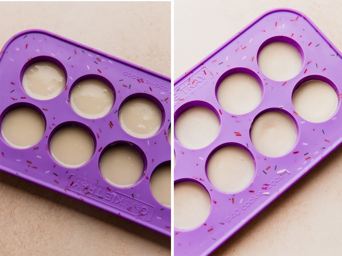 Step-by-step image showing the peppermint filling being carefully spooned into a silicone mold, ready for chilling.