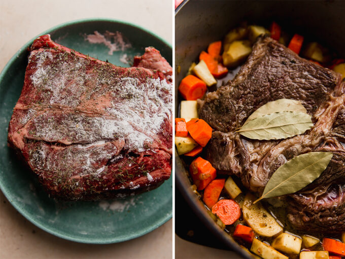 The chuck roast before and after baking.