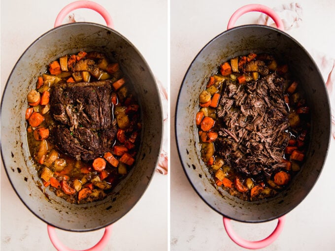 The oven baked chuck roast in a dutch oven before and after baking.