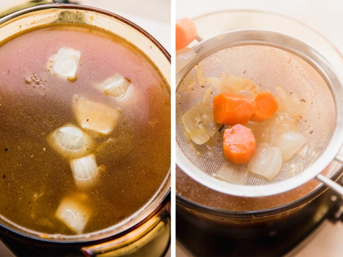 Straining the broth of japanese clear soup