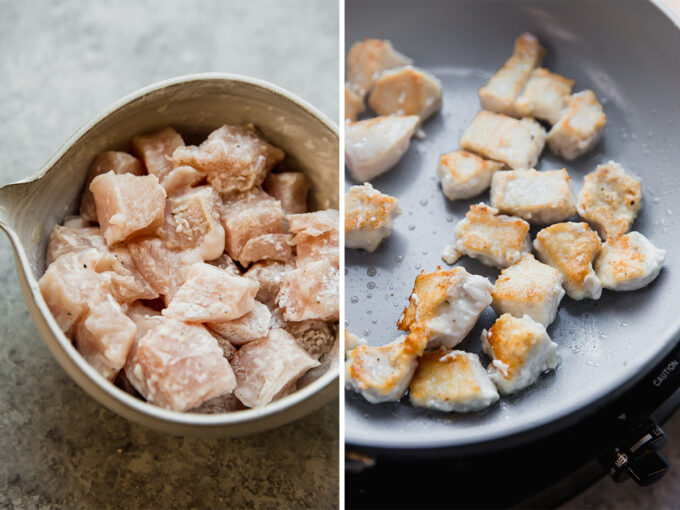 The chicken before and after cooking
