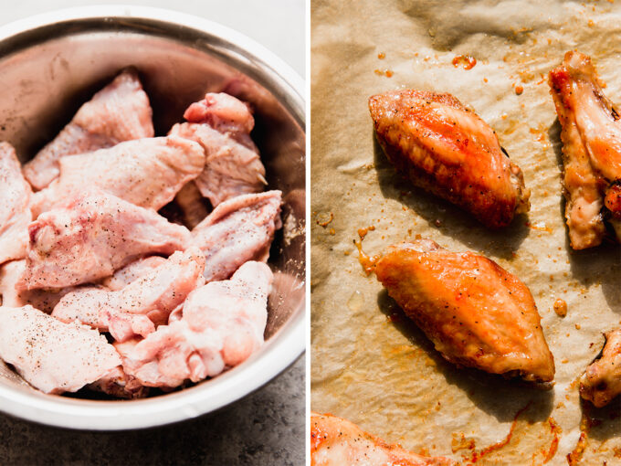 Chicken wings in a bowl and then after being coated in sauce.