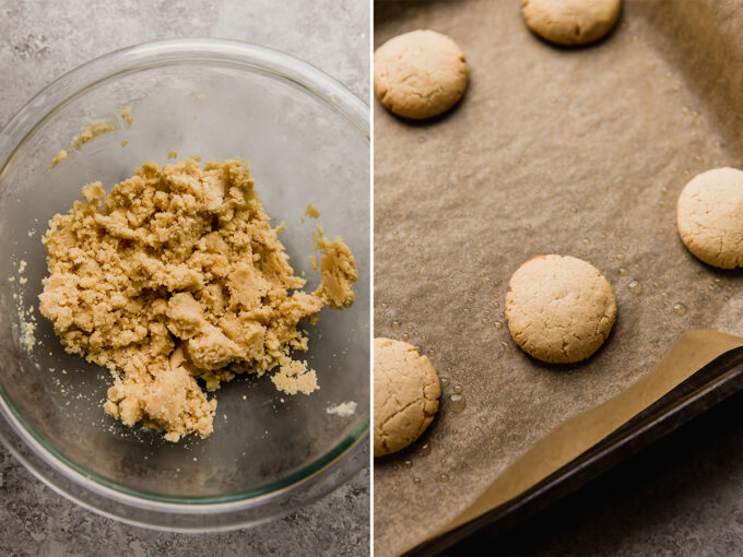 The dough for copycat tagalong cookies shaped into cookies.