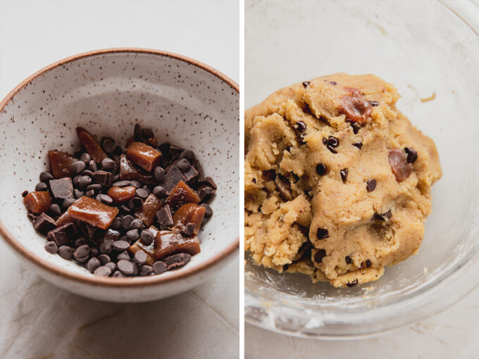 The chocolate chips and caramel in a bowl next to the chocolate chip caramel cookie dough.