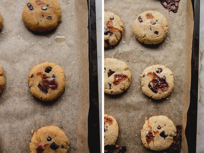 Chocolate chip caramel cookie dough before and after baking.