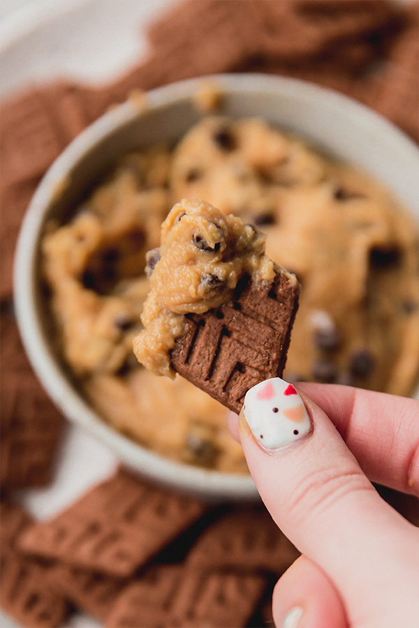 A bowl of creamy cookie dough dip with a graham cracker dipping in.