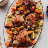 Mediterranean chicken and vegetables on a platter.
