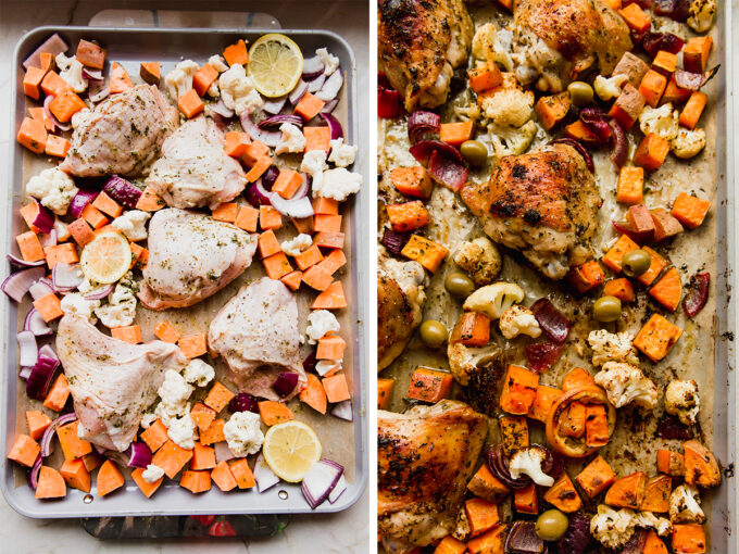 The sheet pan before and after baking.