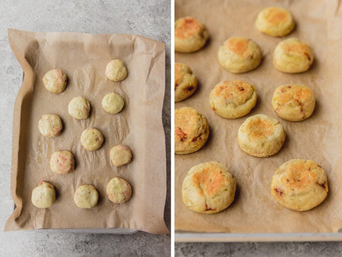 The pizza rolls on a baking sheet before and after baking.