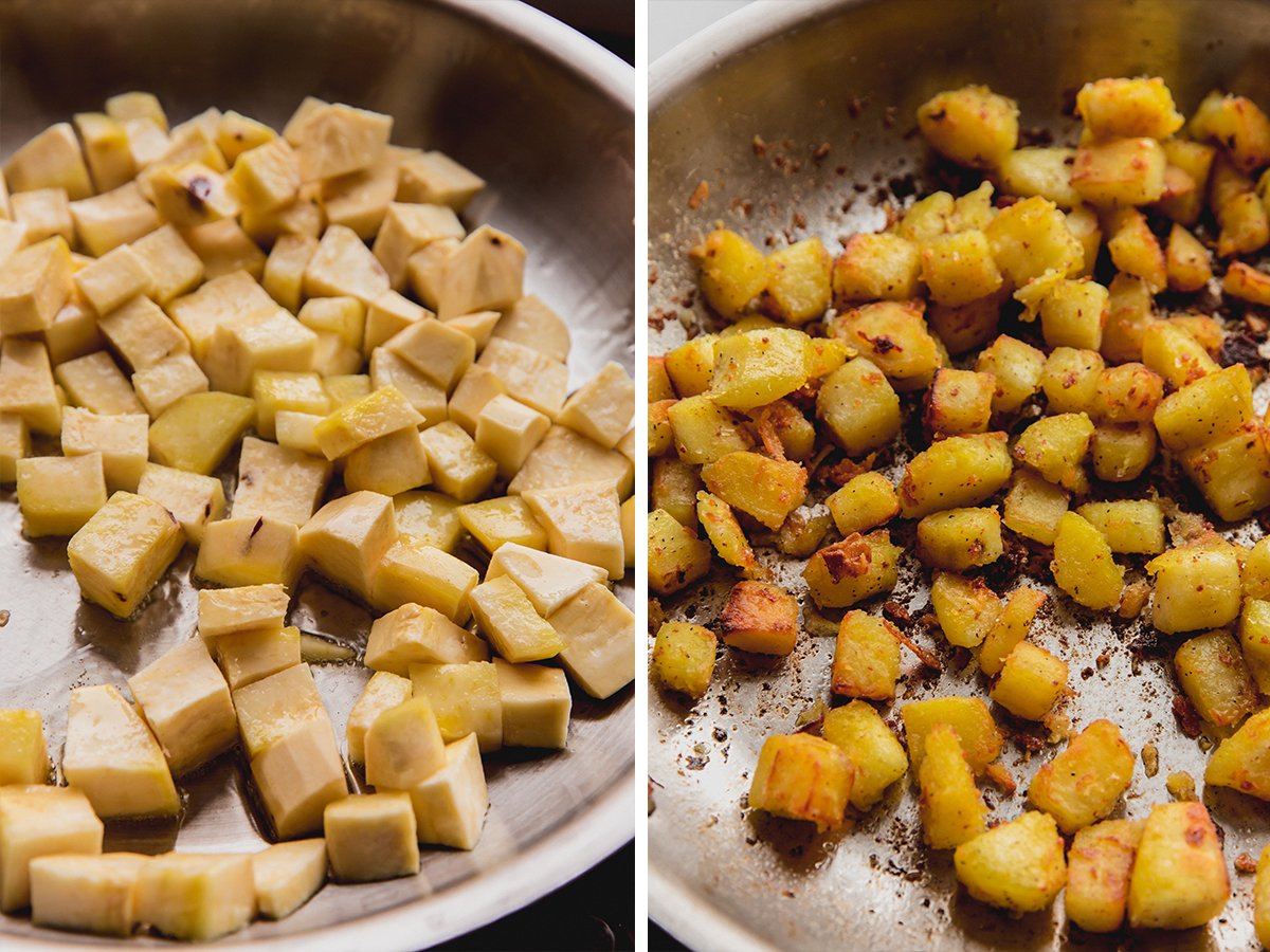 Side by side photo of sweet potatoes in a pan uncooked and cooked. 