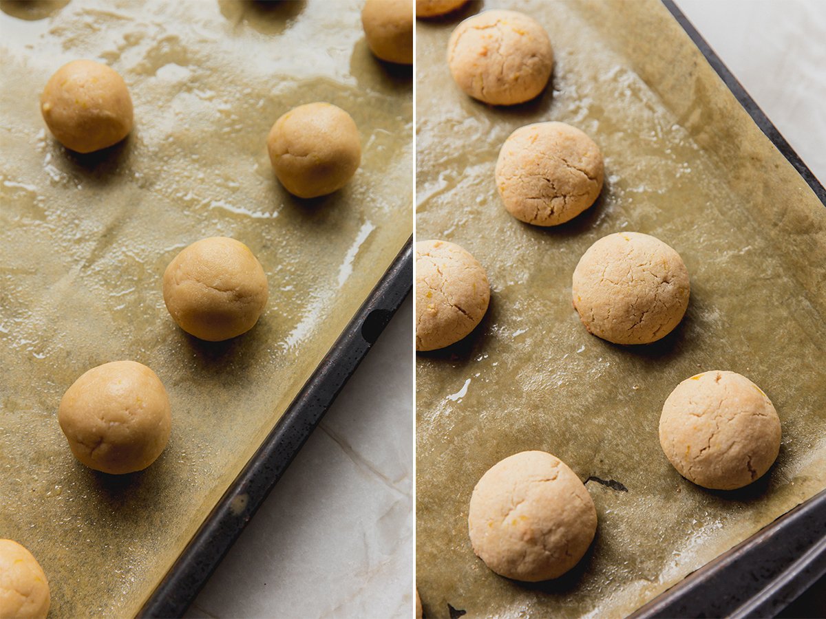 The Italian Easter Cookie dough before and after baking on the baking sheet.