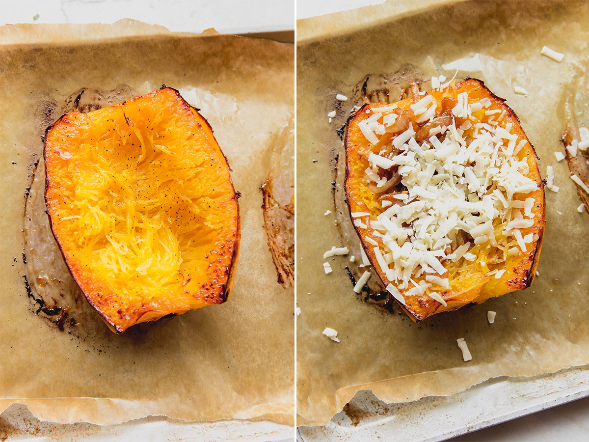 Spaghetti squash boats after baking and then topped with onions and cheese.