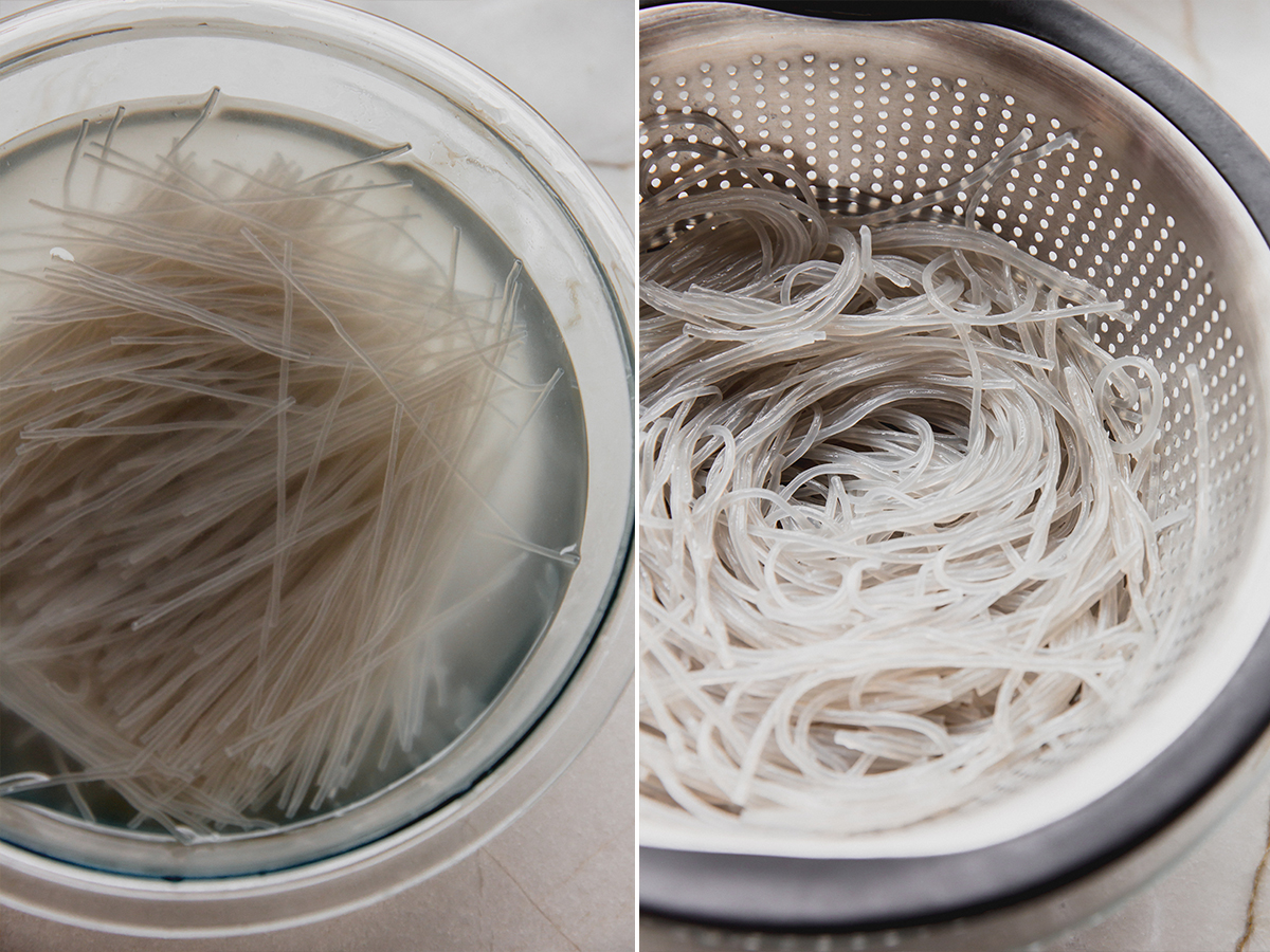The thai glass noodles before and after cooking.