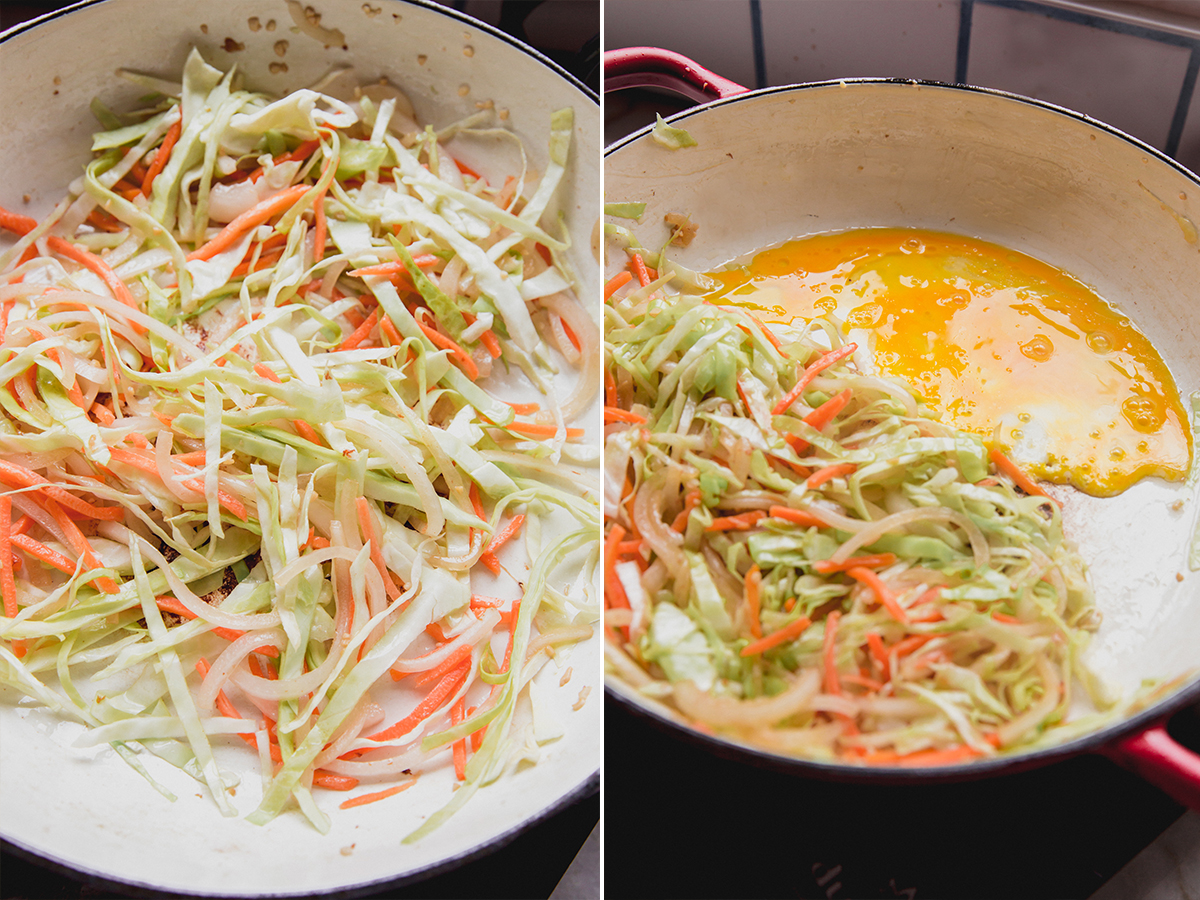 The vegetables for pad woon sen before and after cooking.