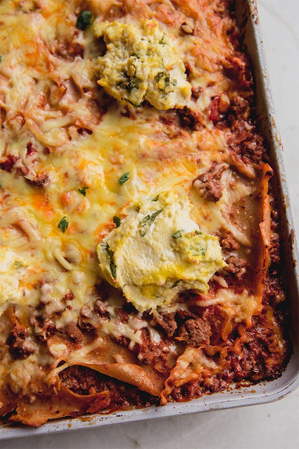 A pan of sheet pan lasagna.