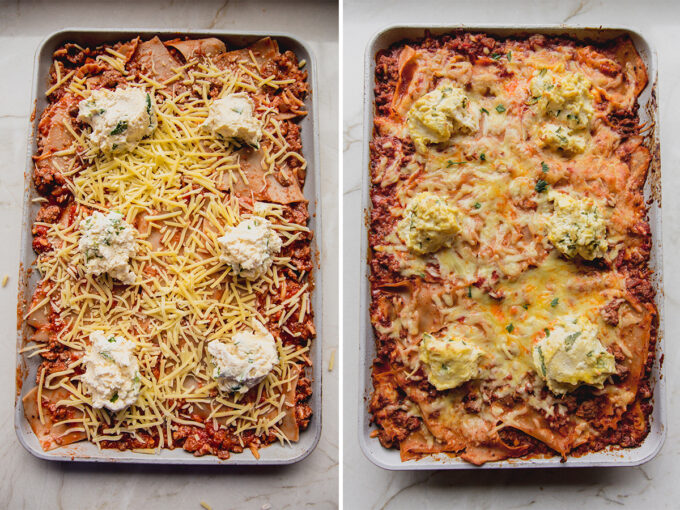 The sheet pan lasagna before and after baking.