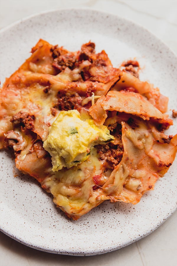 A plate full of gluten-free sheet pan lasagna 