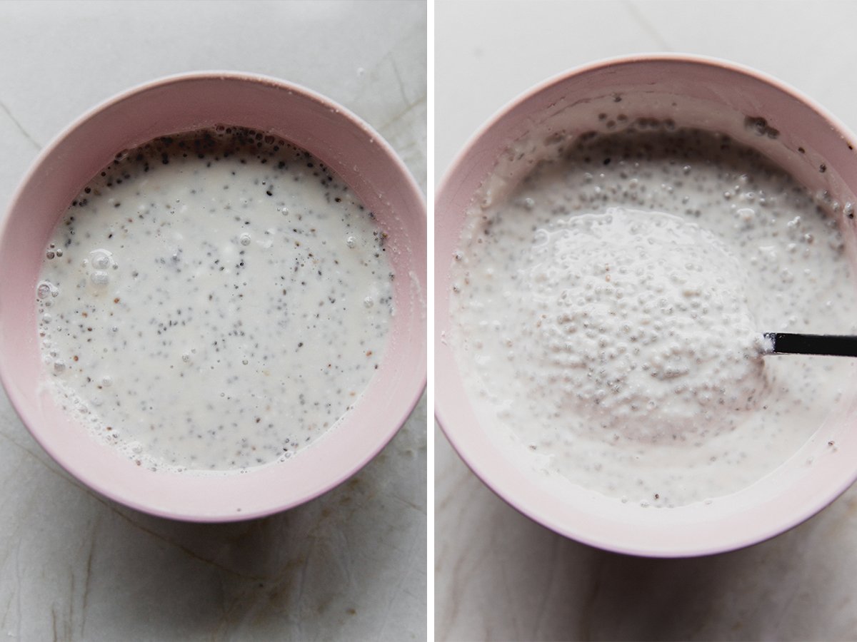 The mascarpone layer of the tiramisu chia pudding before and after the chia seeds absorb liquid.