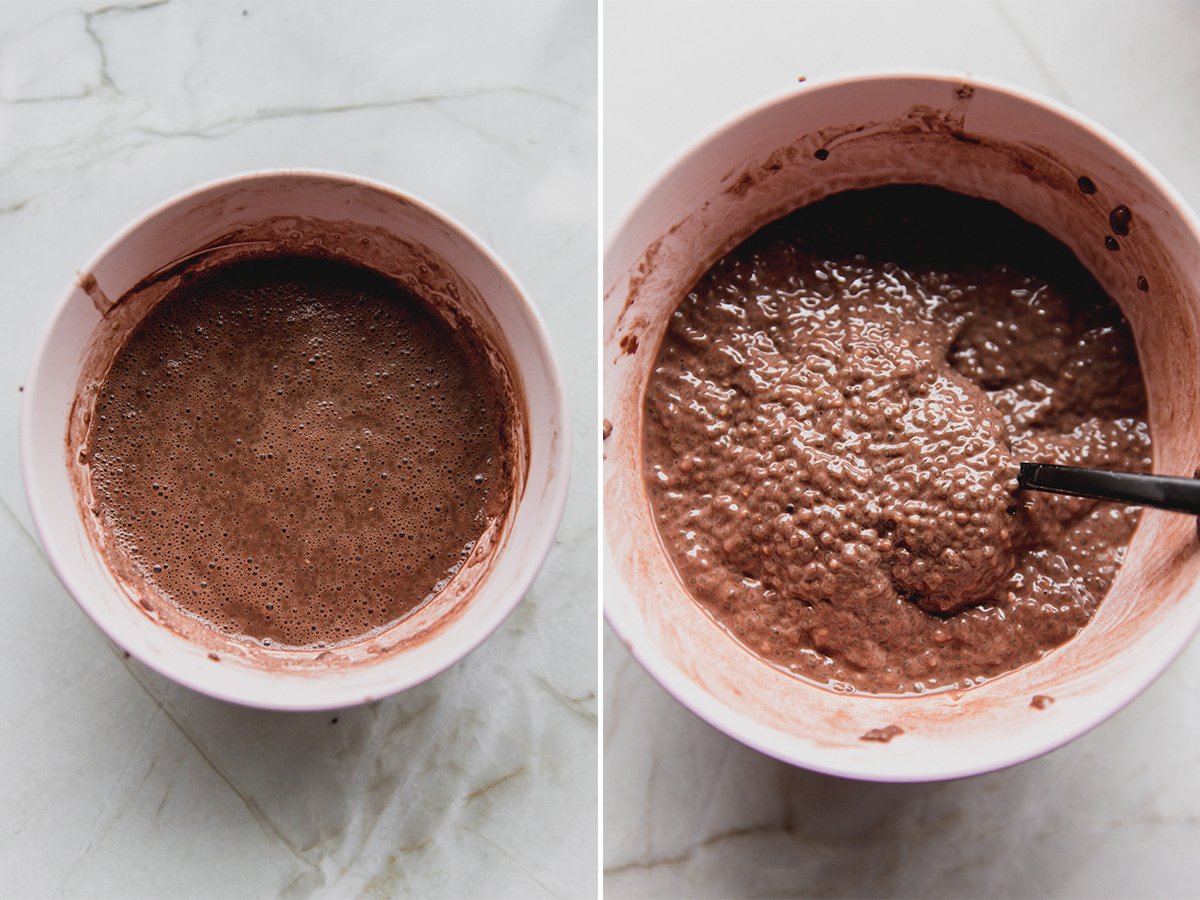 The chocolate layer for tiramisu chia pudding before and after mixing. 