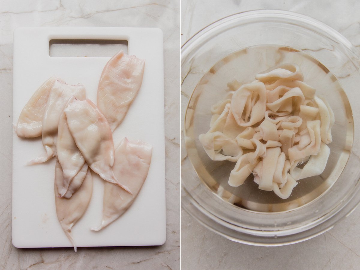 The uncooked calamari before and after preparing to cook.