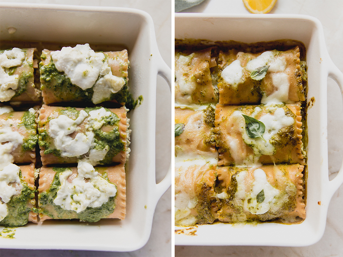 The white pesto lasagna roll-ups before and after baking.