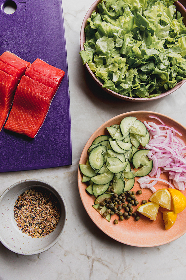 The ingredients for everything bagel salmon salad.