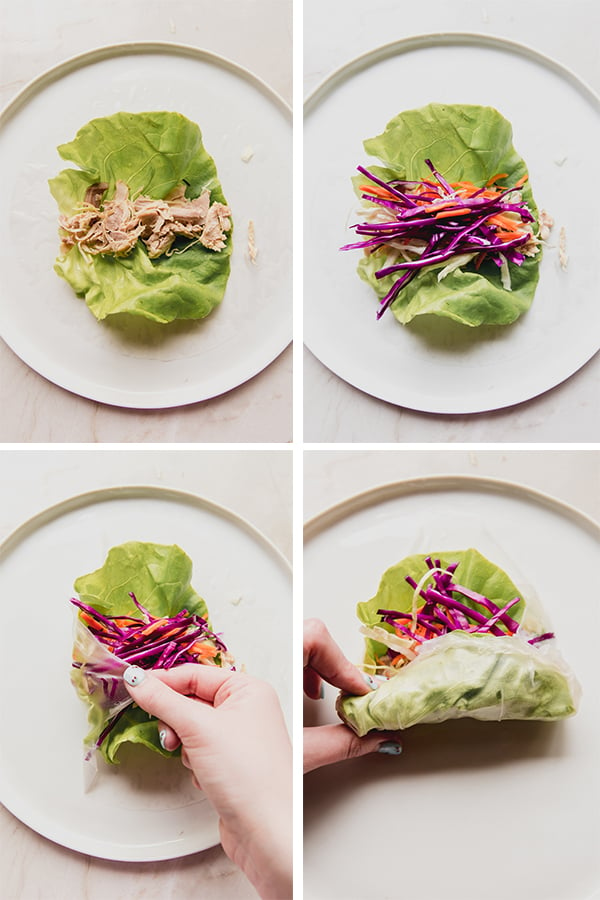 Photos step by step to roll the chicken and vegetable spring rolls.