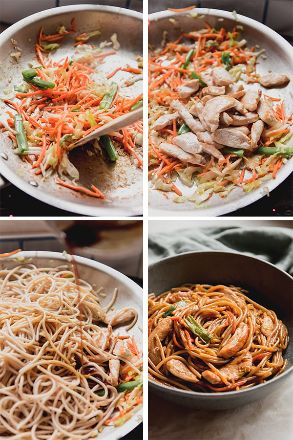 Photos of the step by step steps of making the gluten-free chicken chow mein.