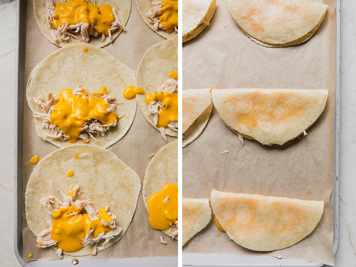 Step by step photos of filling, folding and preparing the quesadillas to go into the oven.